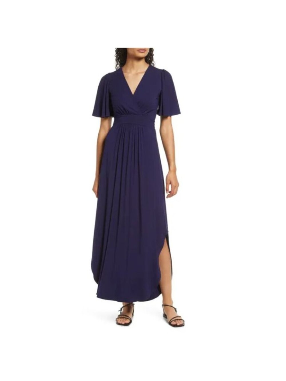NWT Fraiche By J Womens Navy Jersey Flutter Sleeve Faux Wrap Maxi Dress S SMALL